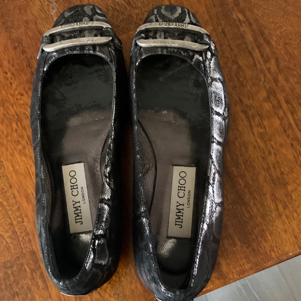Jimmy Choo Black and Gray Snakeskin Flats